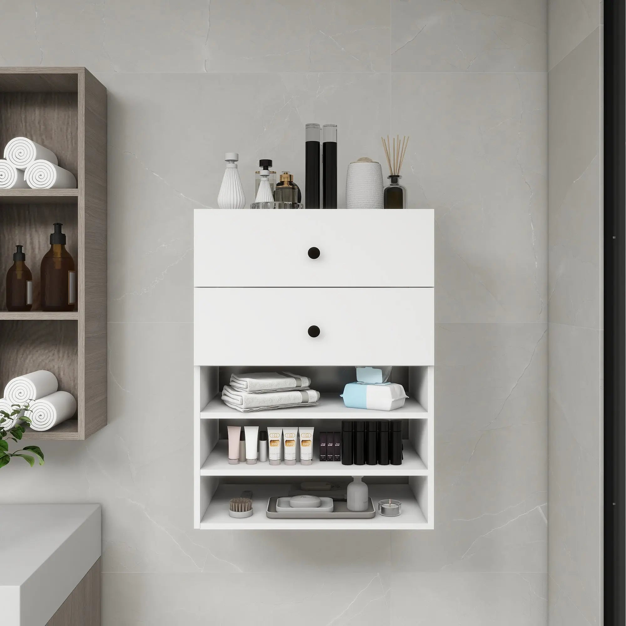 C1 Modular Wooden Closet Organizer System with 2 Drawers 3 Shelves Wall Mount Shelving for Walk in Closet Bedroom Organization Built in Clothes Storage White 23.62''W x 16.04''D x 31.49''H Warm Home View