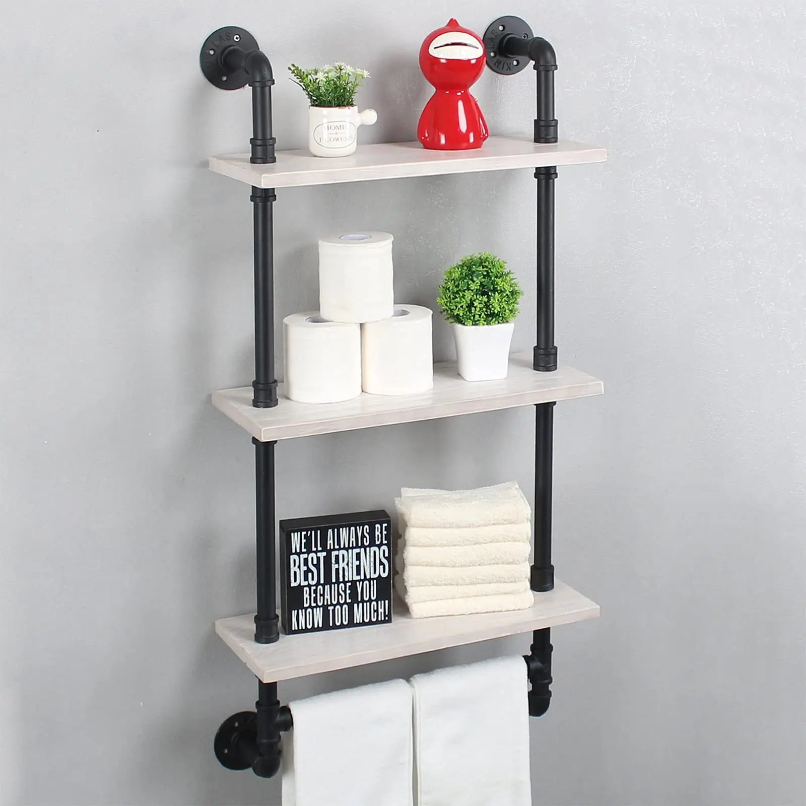 MBQQ Industrial Pipe Shelf Bathroom Shelves Wall Mounted19.6in Rustic Wood Shelf with Towel Bar3 Tier Farmhouse Towel Rack Over ToiletPipe Shelving Floating Shelves Towel HolderRetro Grey Warm Home View