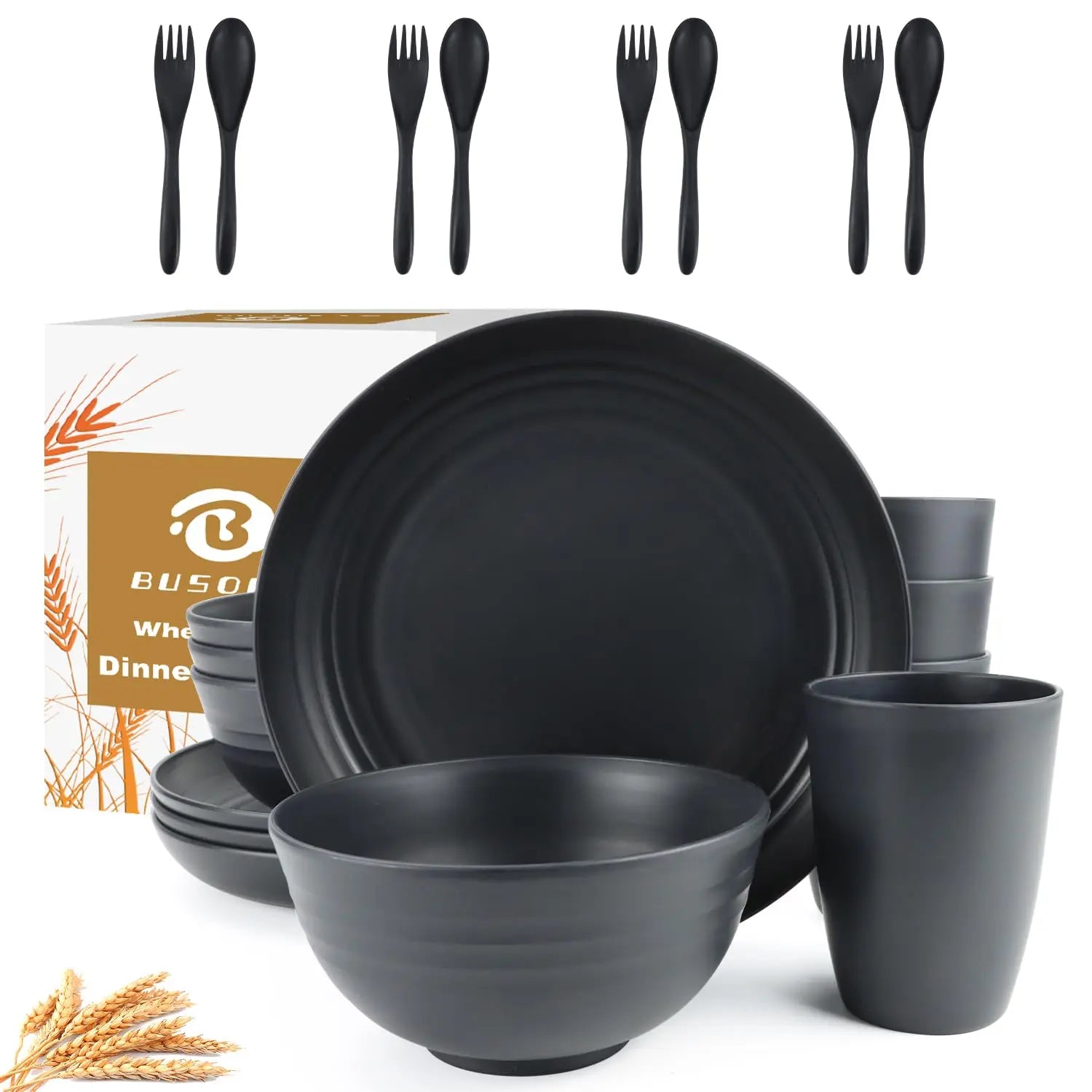 BUSOKIP 20 Pieces Wheat Straw Dinnerware Sets Unbreakable Plates and Bowls Sets Alternatives Reusable Plastic Dinnerware Sets Outdoor Camping Dishes Microwave Safe Dishes Set for 4 (Black) Warm Home View
