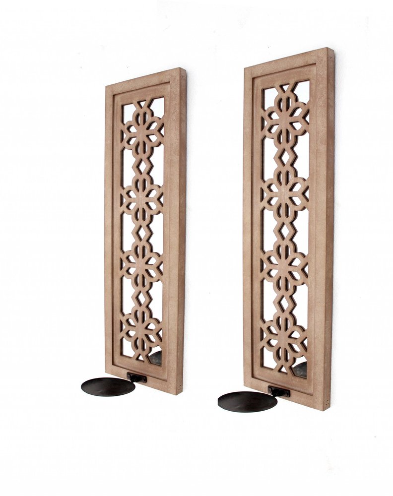 Set of Two Tan Lattice Wall Sconce Candle Holders Warm Home View
