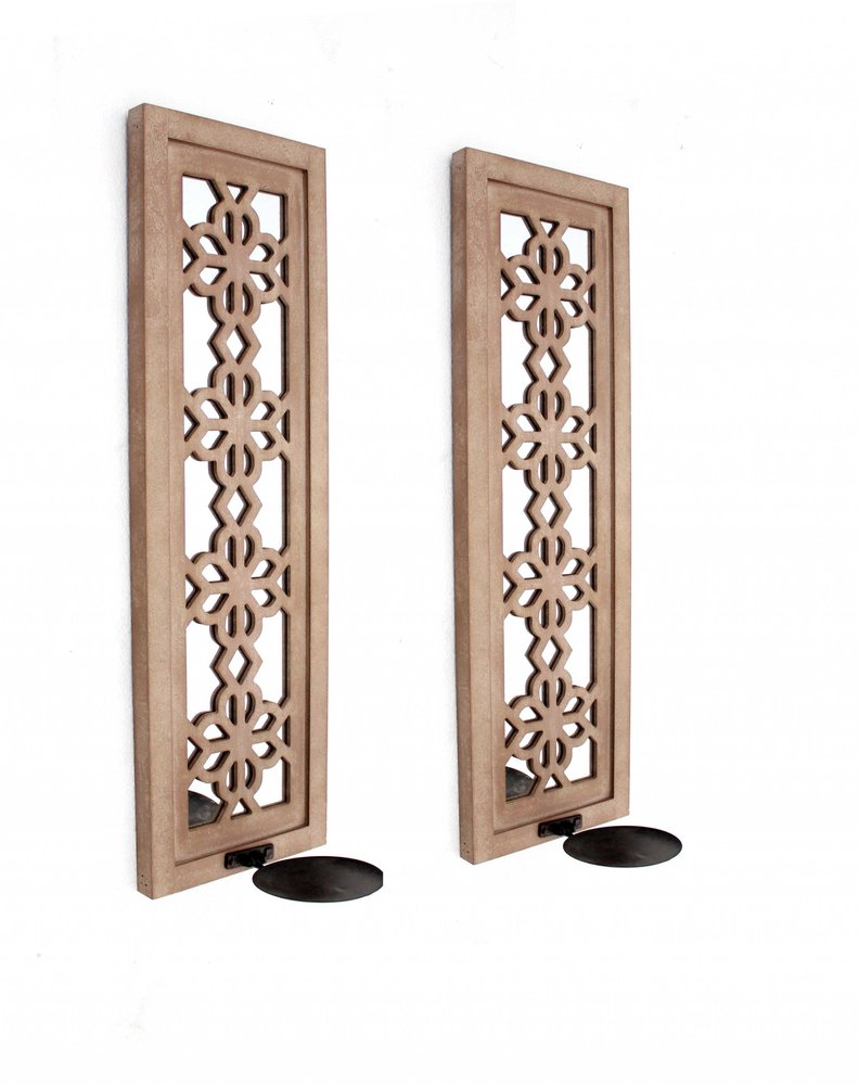 Set of Two Tan Lattice Wall Sconce Candle Holders Warm Home View