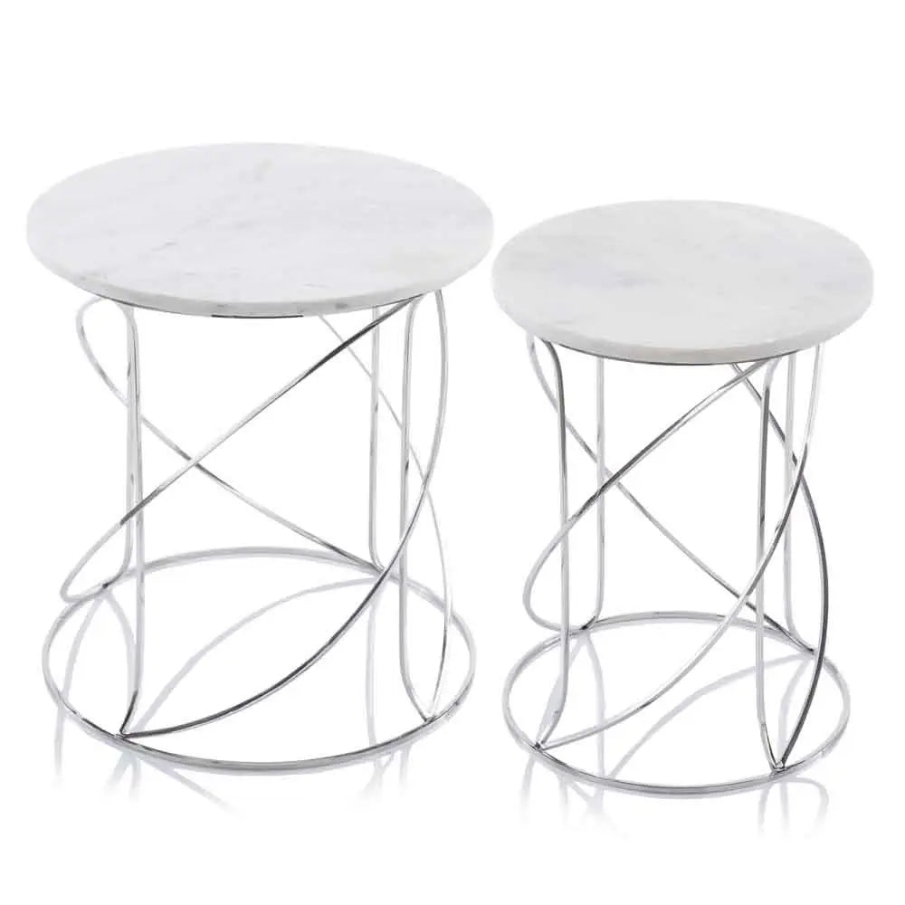 Set of Two White and Silver Marble and Metal Round Pedestal End Tables Warm Home View