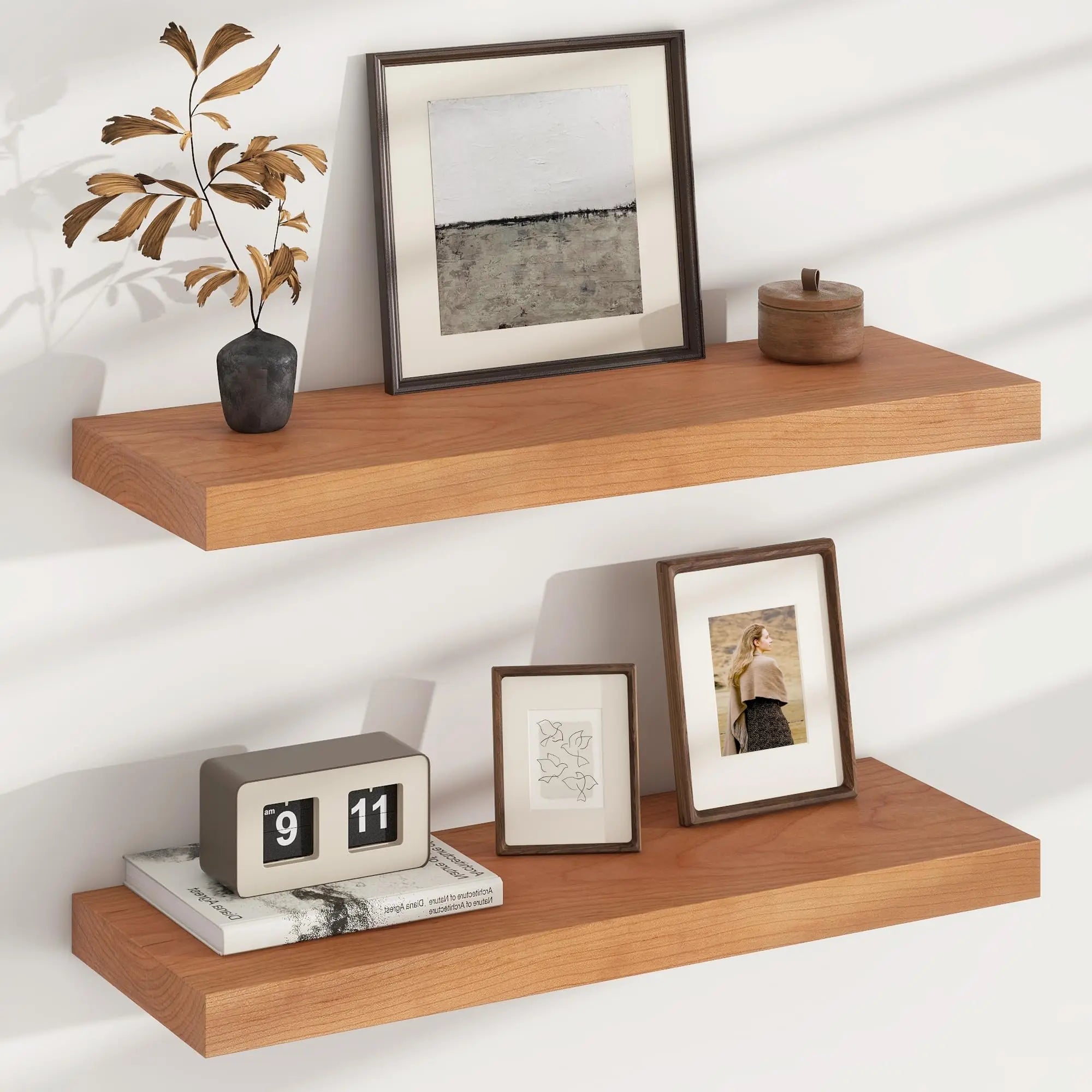 Floating Shelves for Wall USA-Sourced Cherry Wood 24 Inch Wall Shelves Set of 2 Natural Wooden Wall Mounted Picture Ledge Shelf Nursery Book Storage Shelf Kids Bookshelf Display Shelf for Bathroom Warm Home View
