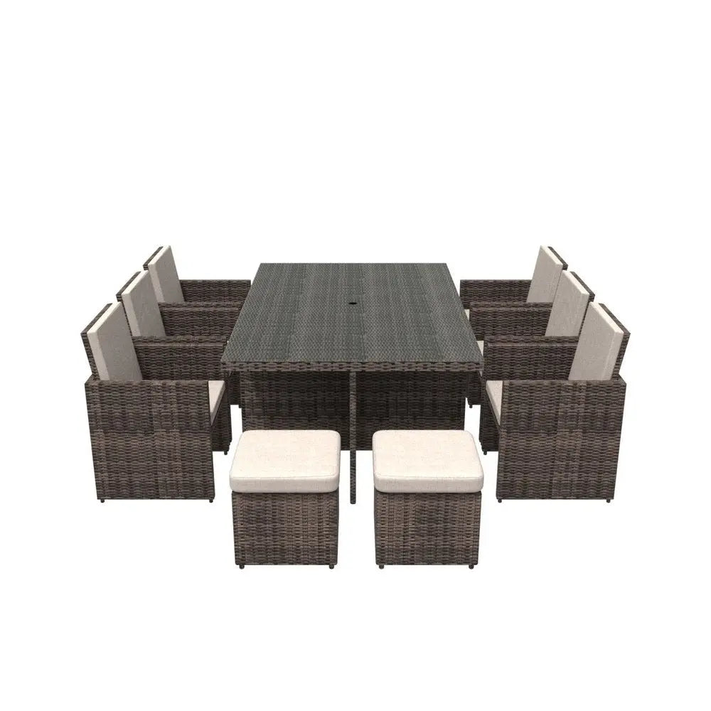 Gray Glass Outdoor Dining Set - Gray Rattan - 11 Piece Warm Home View