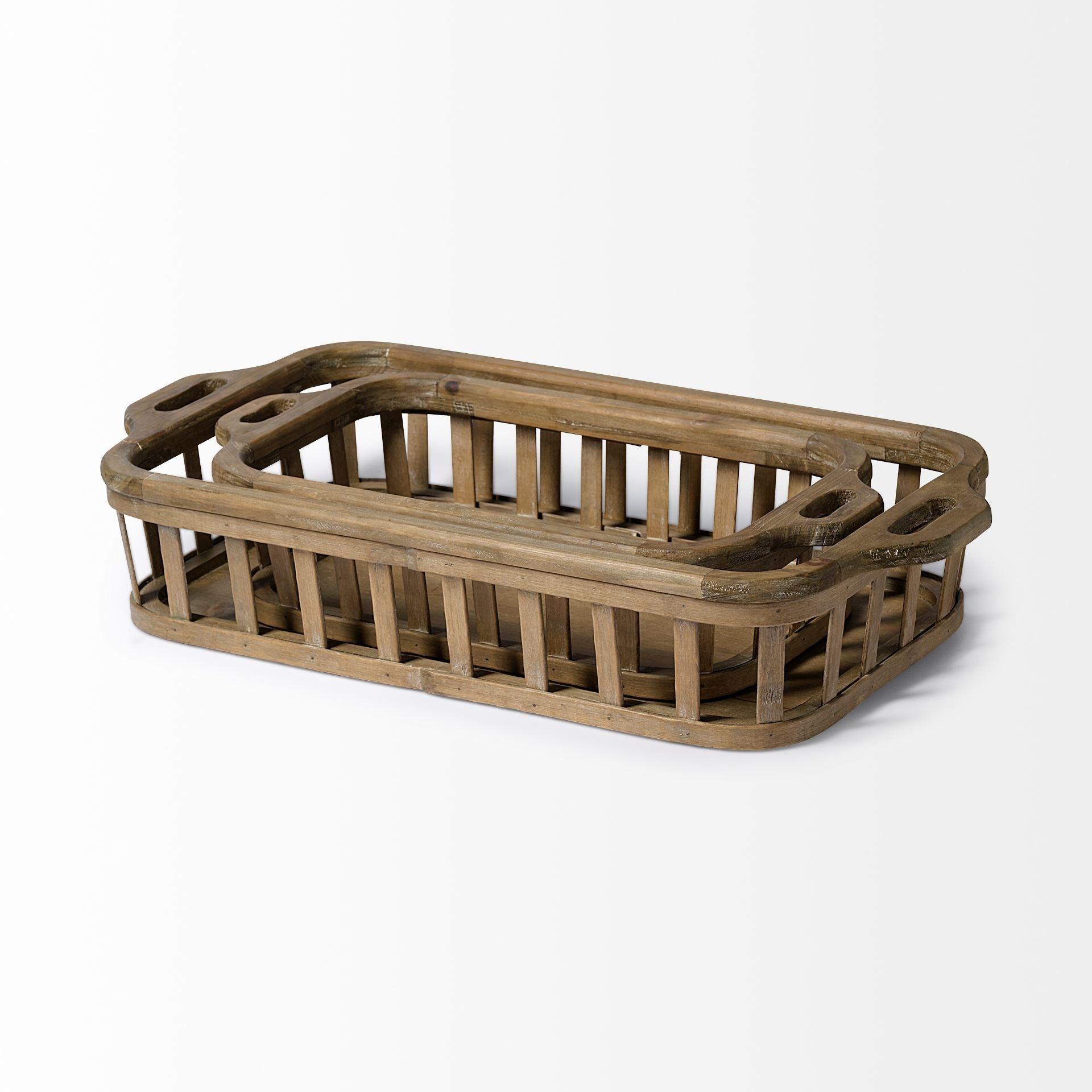 Set of Two Brown Wood Indoor Outdoor Tray With Handles Warm Home View
