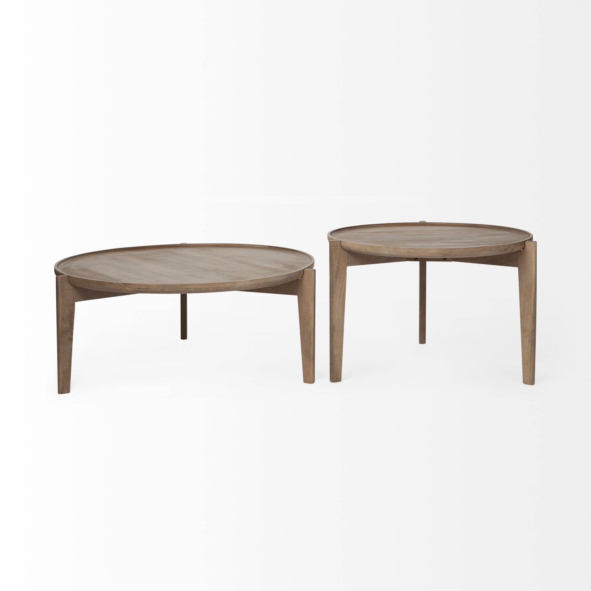 Set of Two Brown Solid Wood Round Nested Coffee Tables Warm Home View