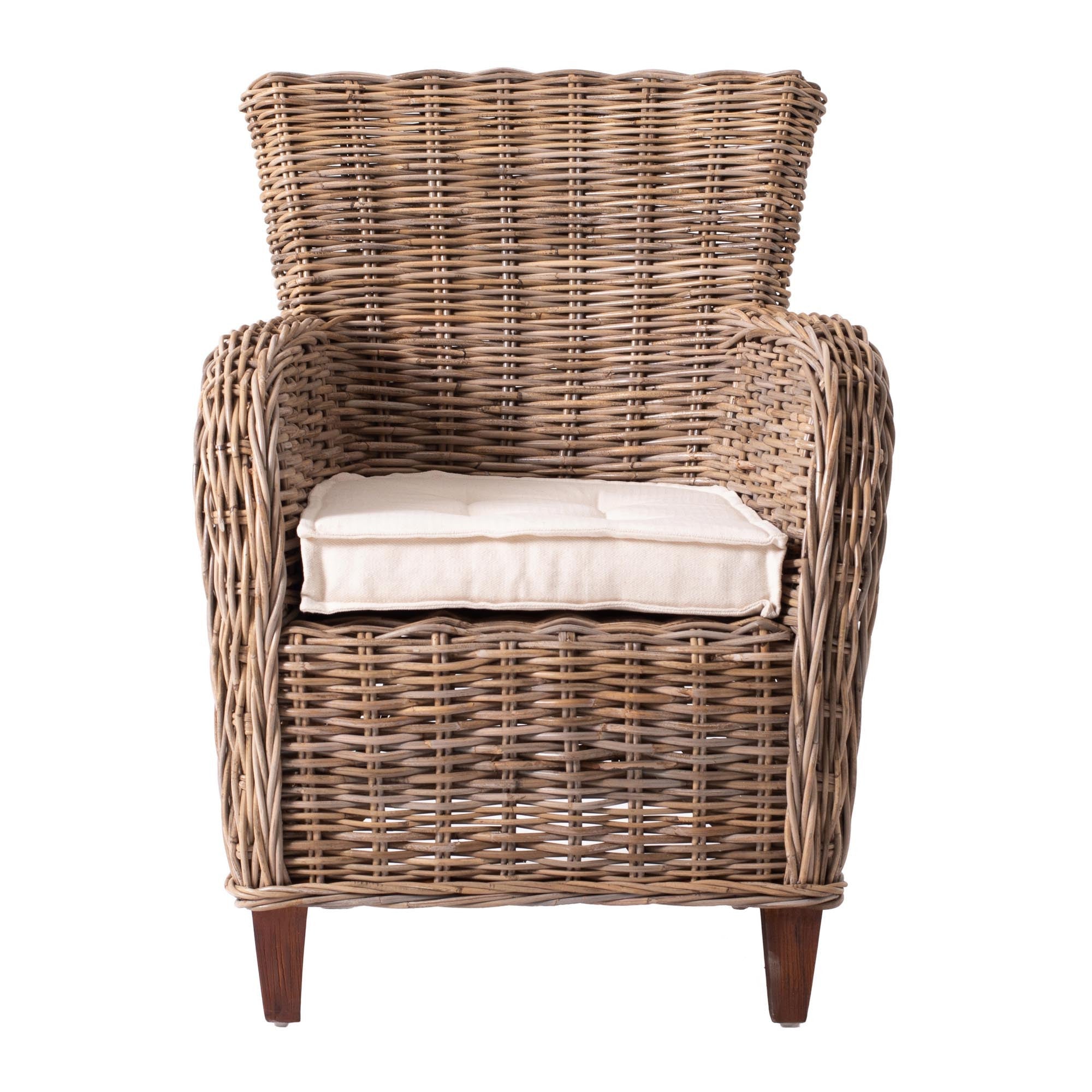 Set of Two Cream And Natural Woven Rattan Outdoor Dining Chairs with Cream Cushion Warm Home View