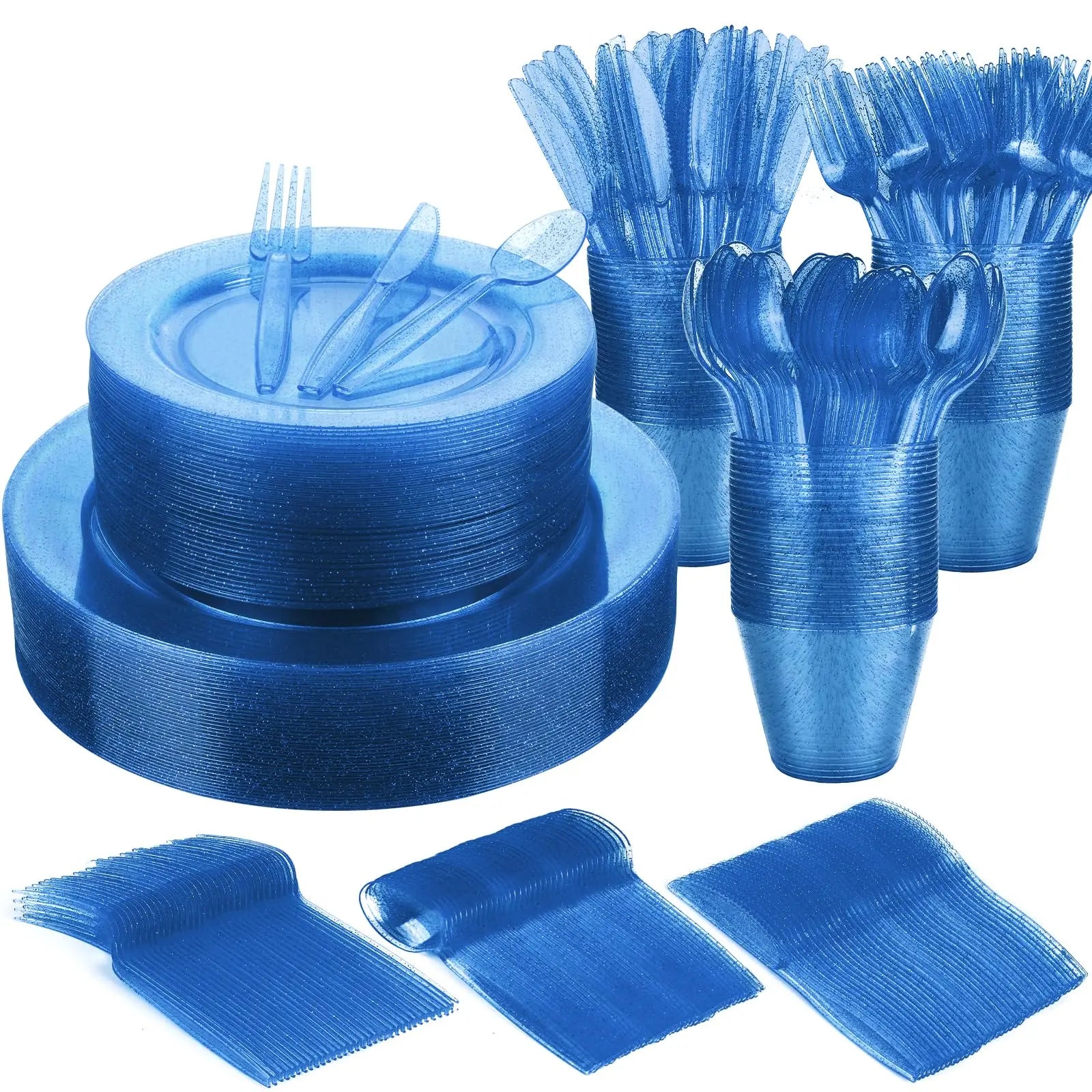 WYTAOHZL 240PCS Blue Glitter Dinnerware Set 40Guest Disposable Blue Glitter Dinnerware 10.2"Dinner Plates 7.5"Salad Plates with 40PCS 9 oz Plastic Cups 40Guests Plastic Forks Knives Spoons Warm Home View