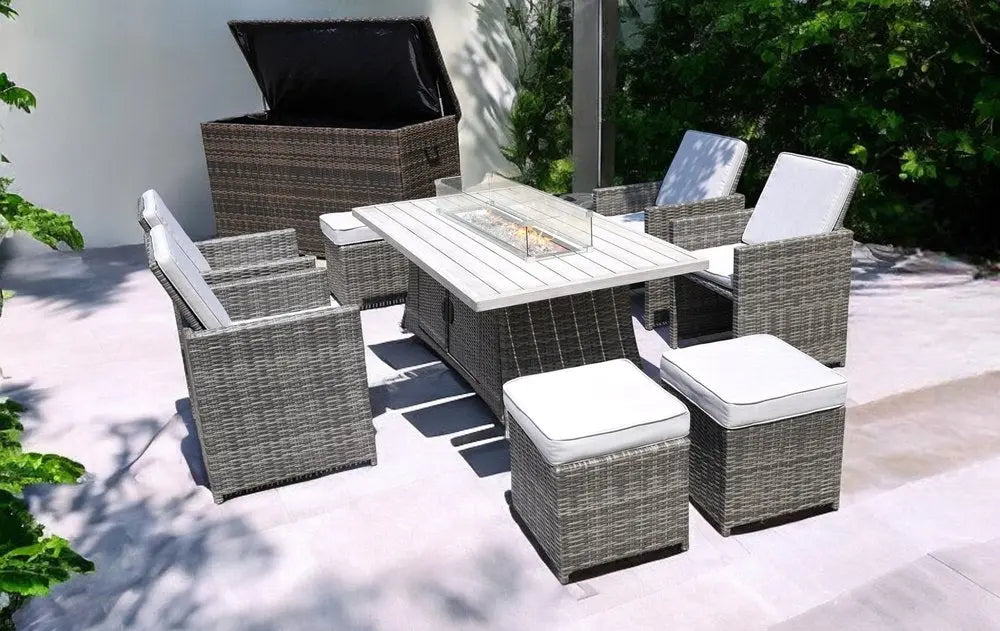 10-Piece Outdoor Gray Wicker Seating Group - Multiple Chairs with Fire Pit and White All-Weather Cushions Warm Home View