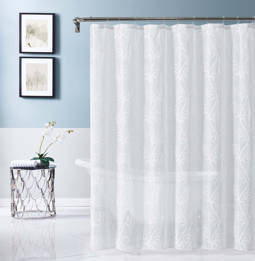 72" White Floral Faux Linen Shower Curtain With Embroidery Warm Home View