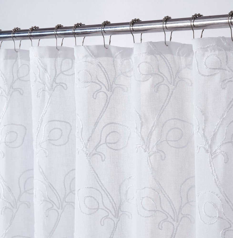 72" White Floral Faux Linen Shower Curtain With Embroidery Warm Home View