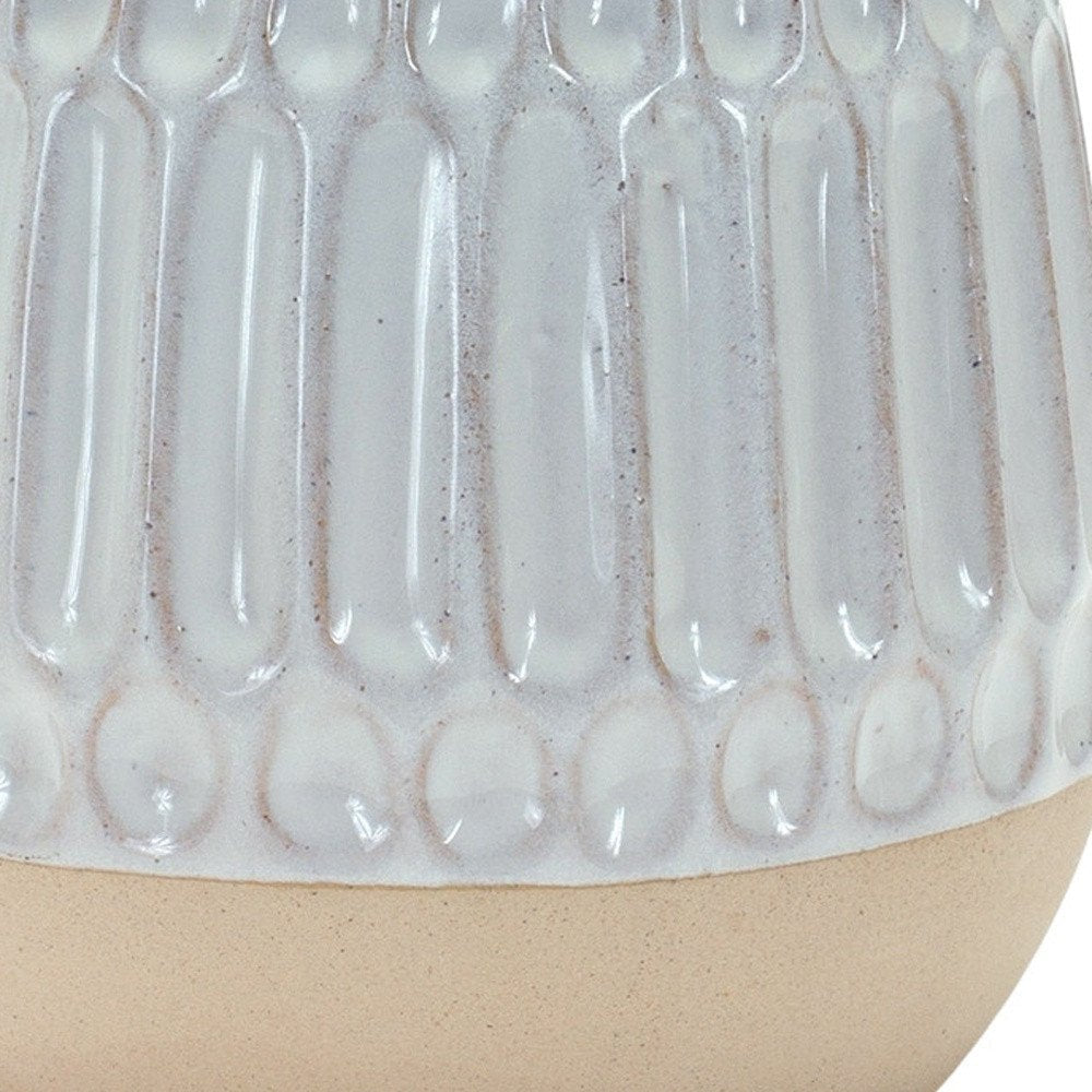 Set of Two Beige and White Ribbed Round Porcelain Table Vase Warm Home View