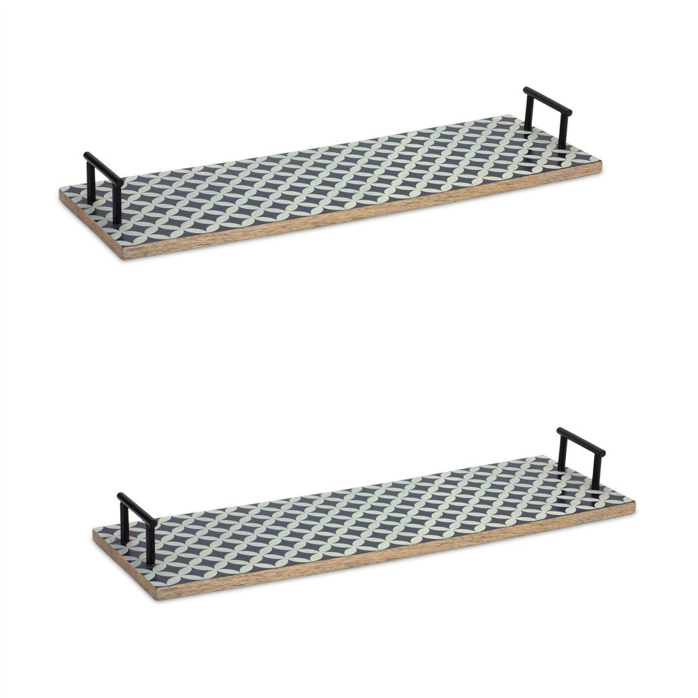 Set of Two Blue Solid Wood Geometric Serving Tray With Handles Warm Home View