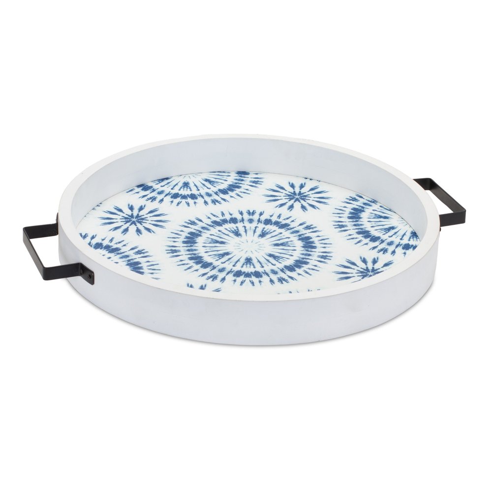 Set of Two Blue Round Solid Wood Vanity Tray With Handles Warm Home View