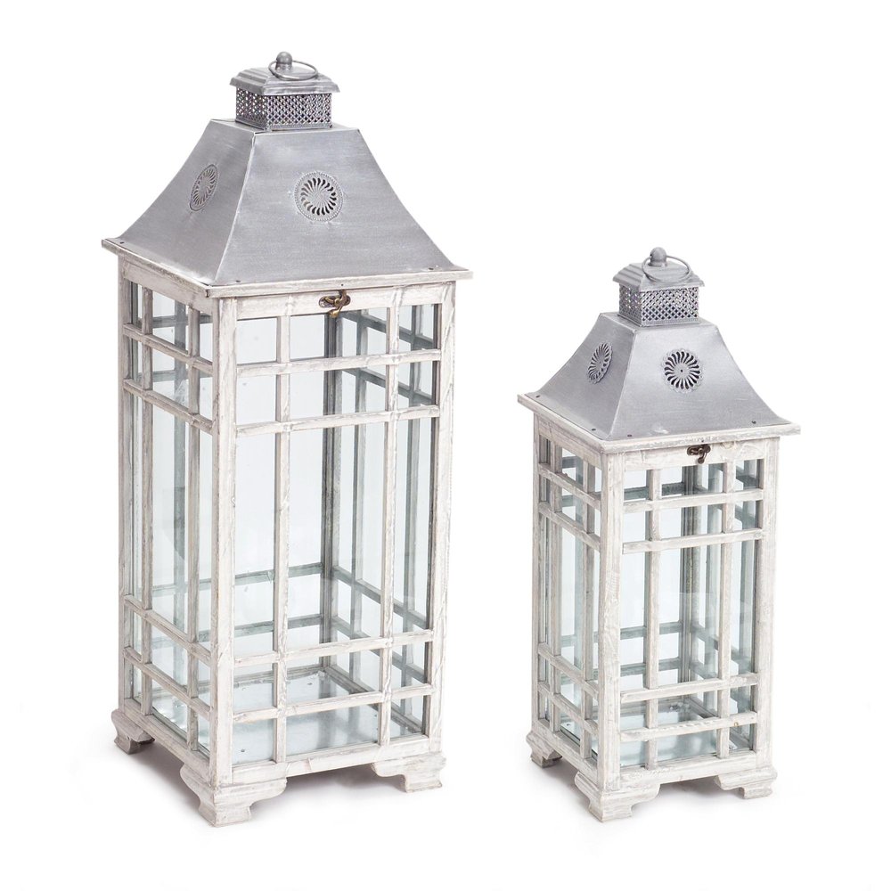 Set of Two White And Silver Distressed Geometric Metal Floor Lantern Candle Holders Warm Home View