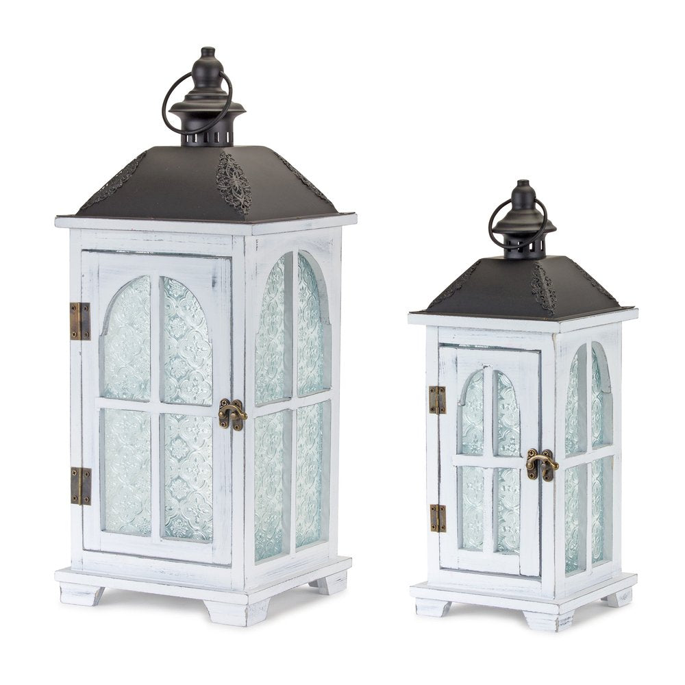 Set of Two White And Black Distressed Ornate Glass Wood And Metal Floor Lantern Candle Holders Warm Home View