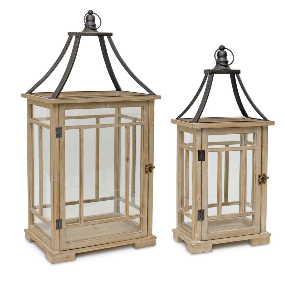Set of Two Brown And Black Distressed Geometric Wood And Metal Tabletop Lantern Candle Holders Warm Home View