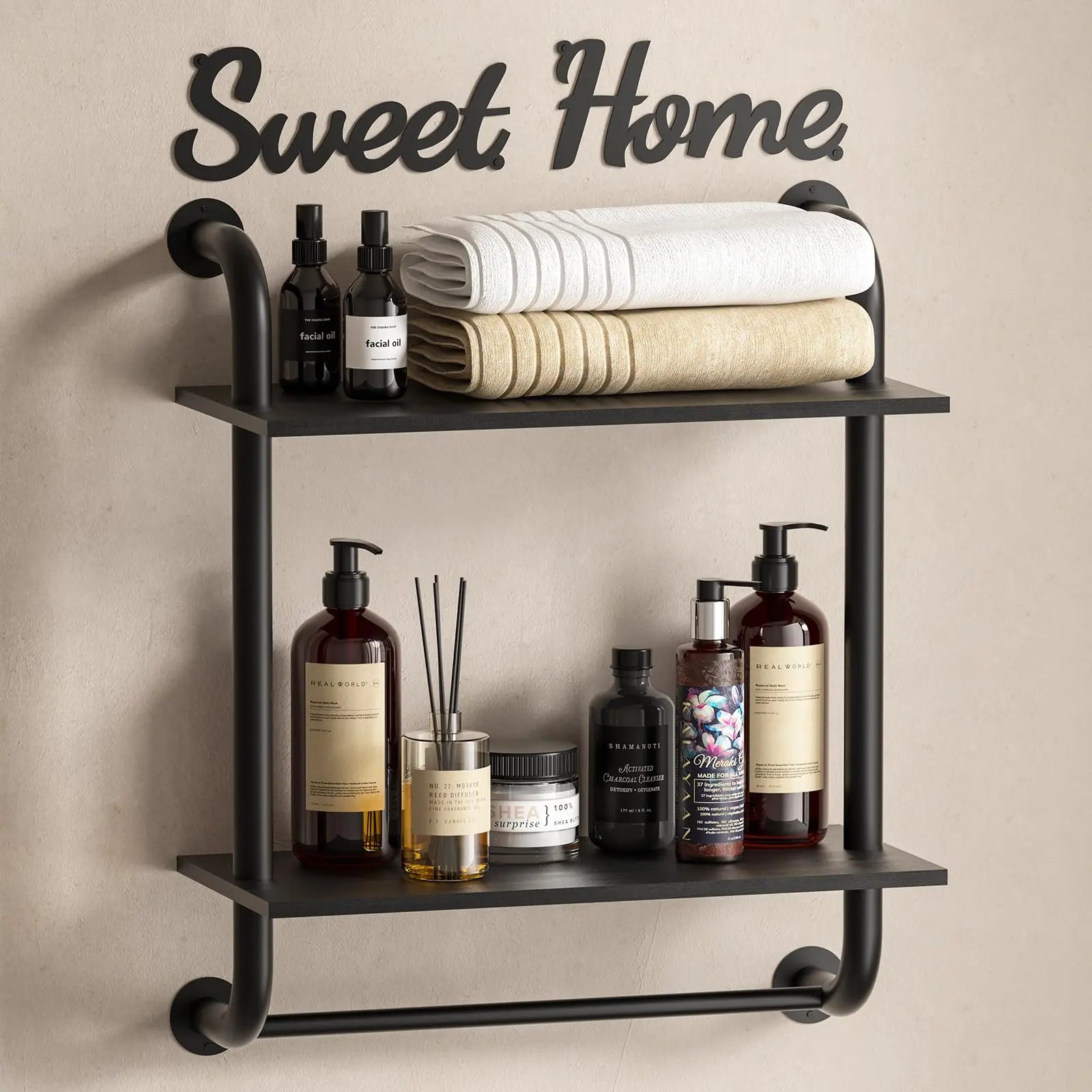 Tinpin Bathroom Shelves Wall Mounted Rustic Farmhouse Pipe Shelves Wall Shelves 2-Tier Industrial Pipe Shelving Floating Shelf Wall Decor for Bathroom Kitchen Bedroom Living Room 17.3in Black Warm Home View