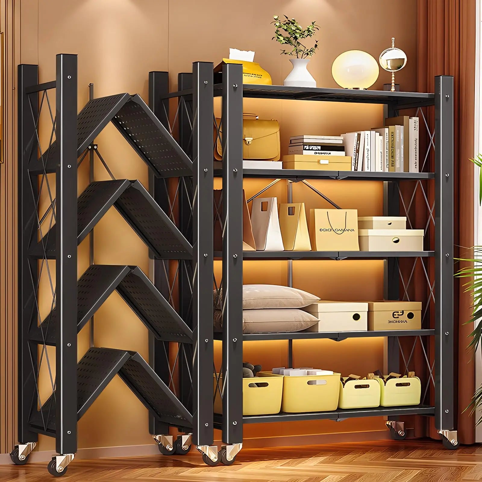 JOYBOS 5 Tier Foldable Storage Shelves with WheelsHeavy Duty Metal Storage Shelving Unit Rolling CartNo Assembly Utility Shelf Rack Organization Shelves for Garage KitchenBasementPantry Warm Home View