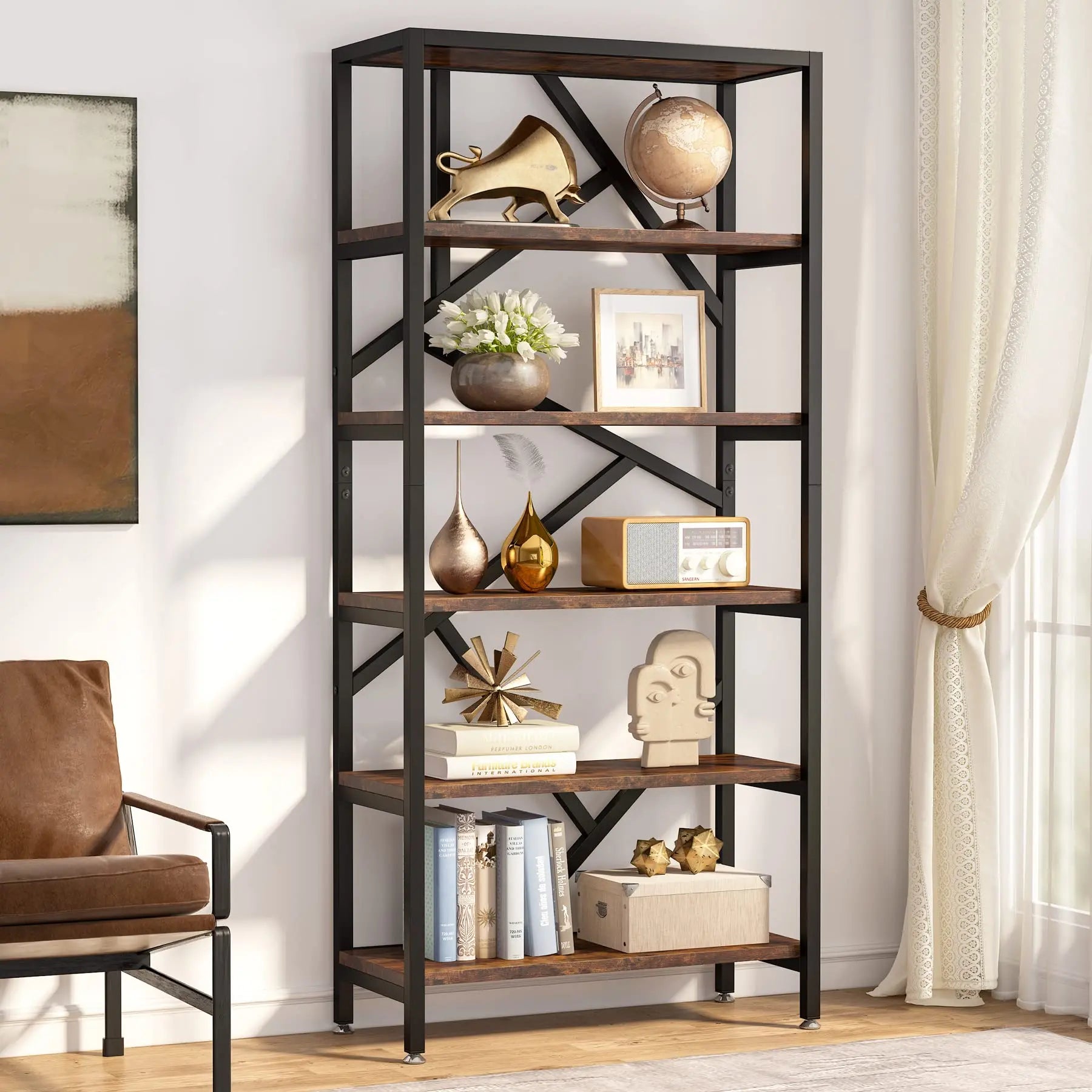 Tribesigns 71 Inch Industrial Bookshelf 6 Shelf Etagere Bookcase Free Standing Open Book Shelves Storage Display Shelf Wood Shelving Units Organizer Rack for Bedroom Home Office Living Room Warm Home View