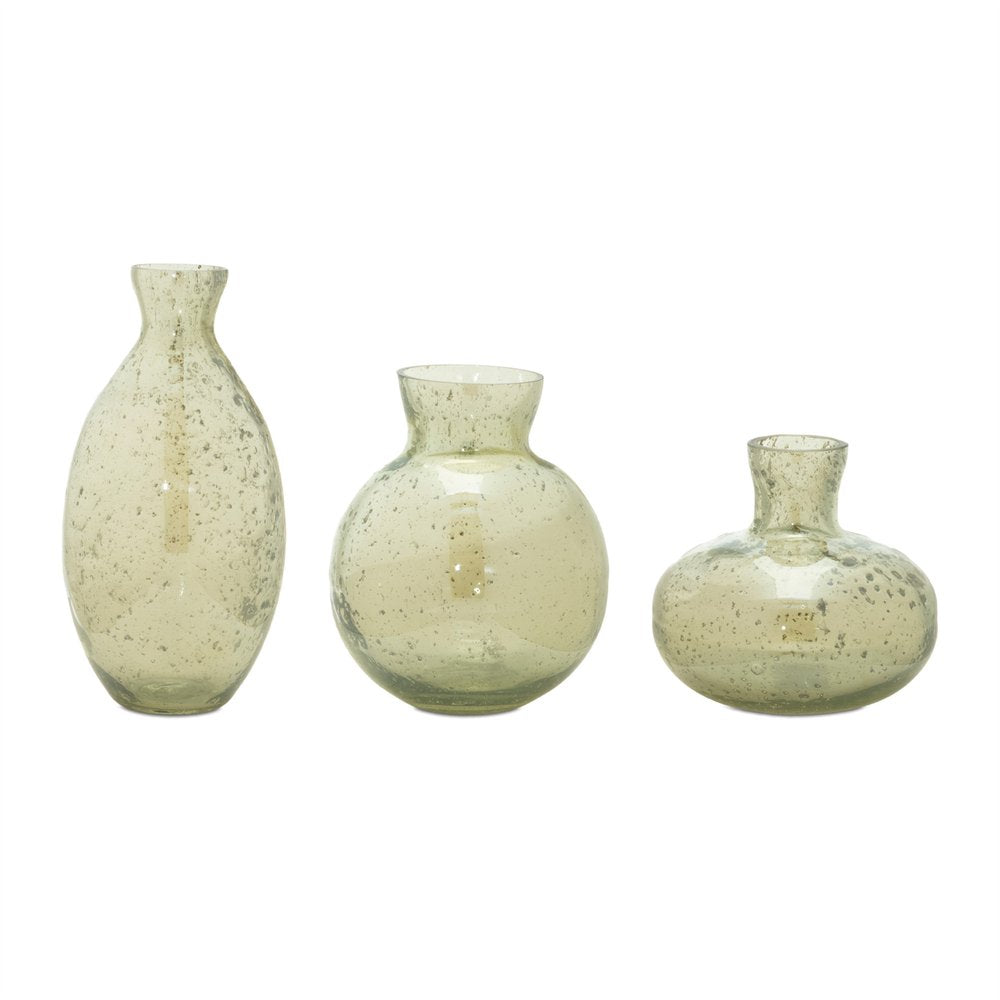 Set of Three Sage Green Seeded Bubble Glass Table Vases Warm Home View