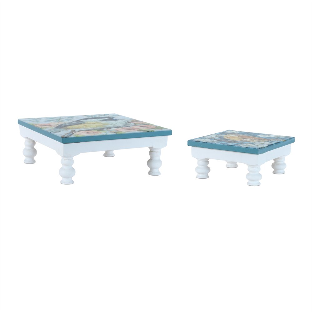 Set of Two Blue And White Solid and Manufactured Wood Floral Square Riser Tray Warm Home View