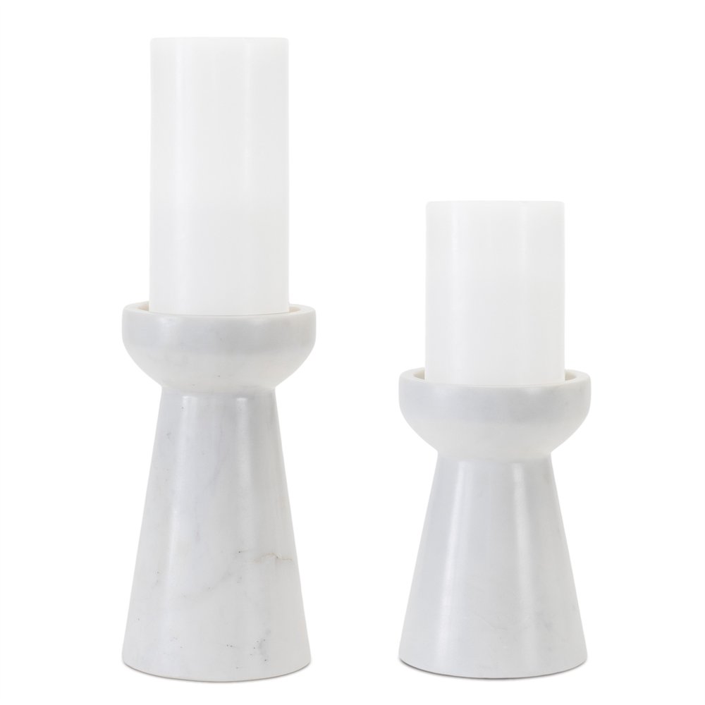 Set of Two White And Gray Marble Tabletop Pillar Candle Holders Warm Home View