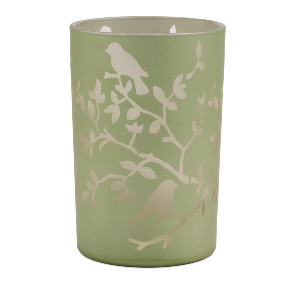 Set of Two Green Floral Glass Tabletop Pillar Candle Holders Warm Home View