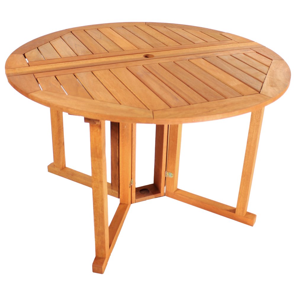 47" Brown Rounded Solid Wood Folding Outdoor Dining Table with Umbrella Hole Warm Home View