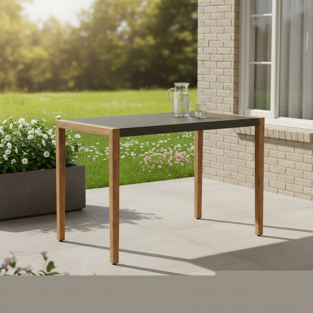 56" Gray And Natural Faux Concrete And Solid Wood Outdoor Bar Table Warm Home View