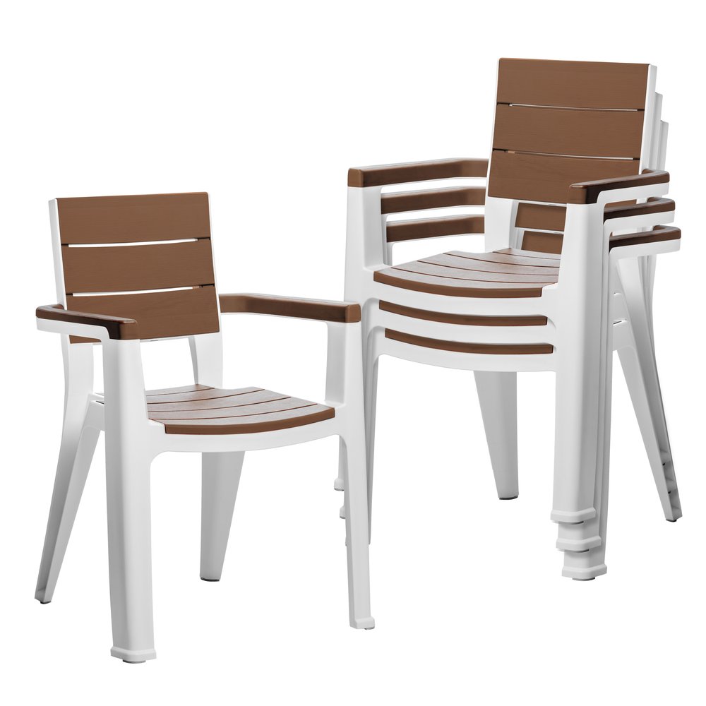 Set of Four White Textured Heavy Duty Plastic Outdoor Stacking Arm Chairs Warm Home View