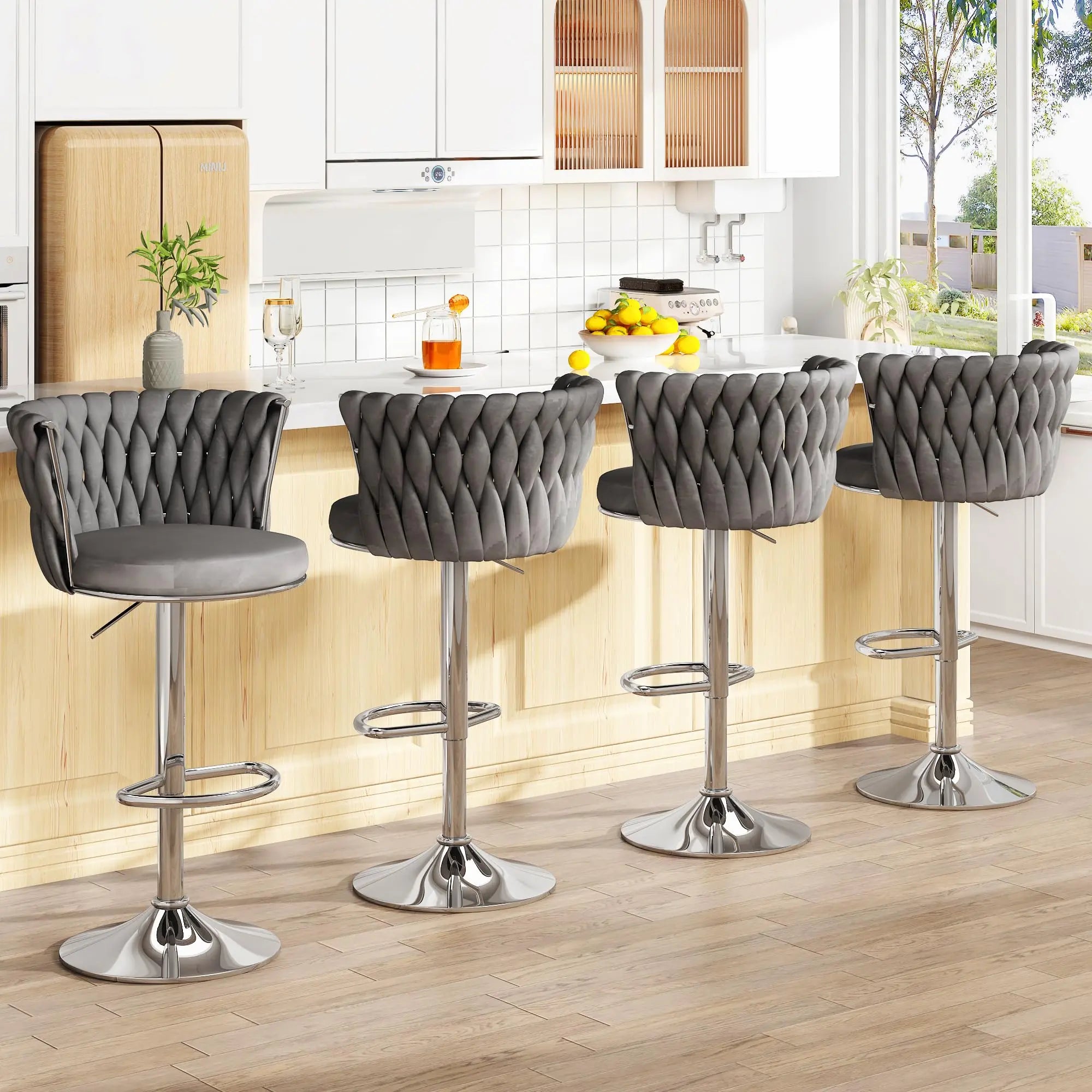 Modern Swivel Velvet Bar Stools Grey 4-Piece Warm Home View