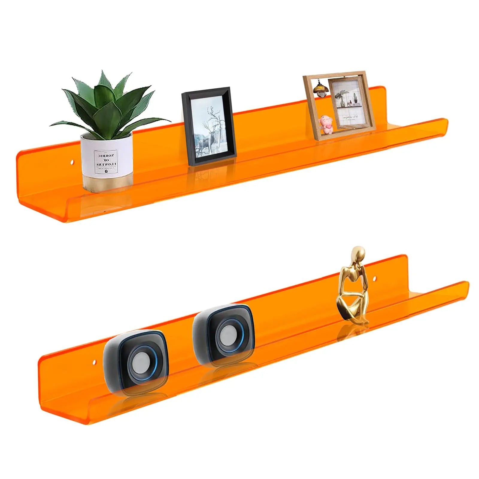 ROYALITA 24 Inches Acrylic Floating Book Shelves Wall Mounted Set of 2 Wall Hanging Plant Display Wall Shelves Room Decor Floating Wall Shelves for Gaming Room Living Room Orange Warm Home View