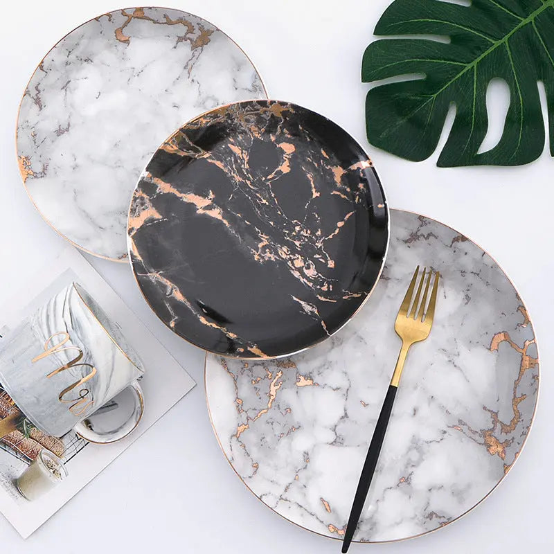 Marble Pattern Plate, Nordic Dinnerware with Gold Edge Warm Home View