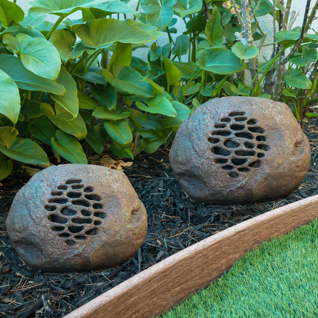 Solar Powered Outdoor Rock Speakers - Resin, 2-Piece Set  Warm Home View