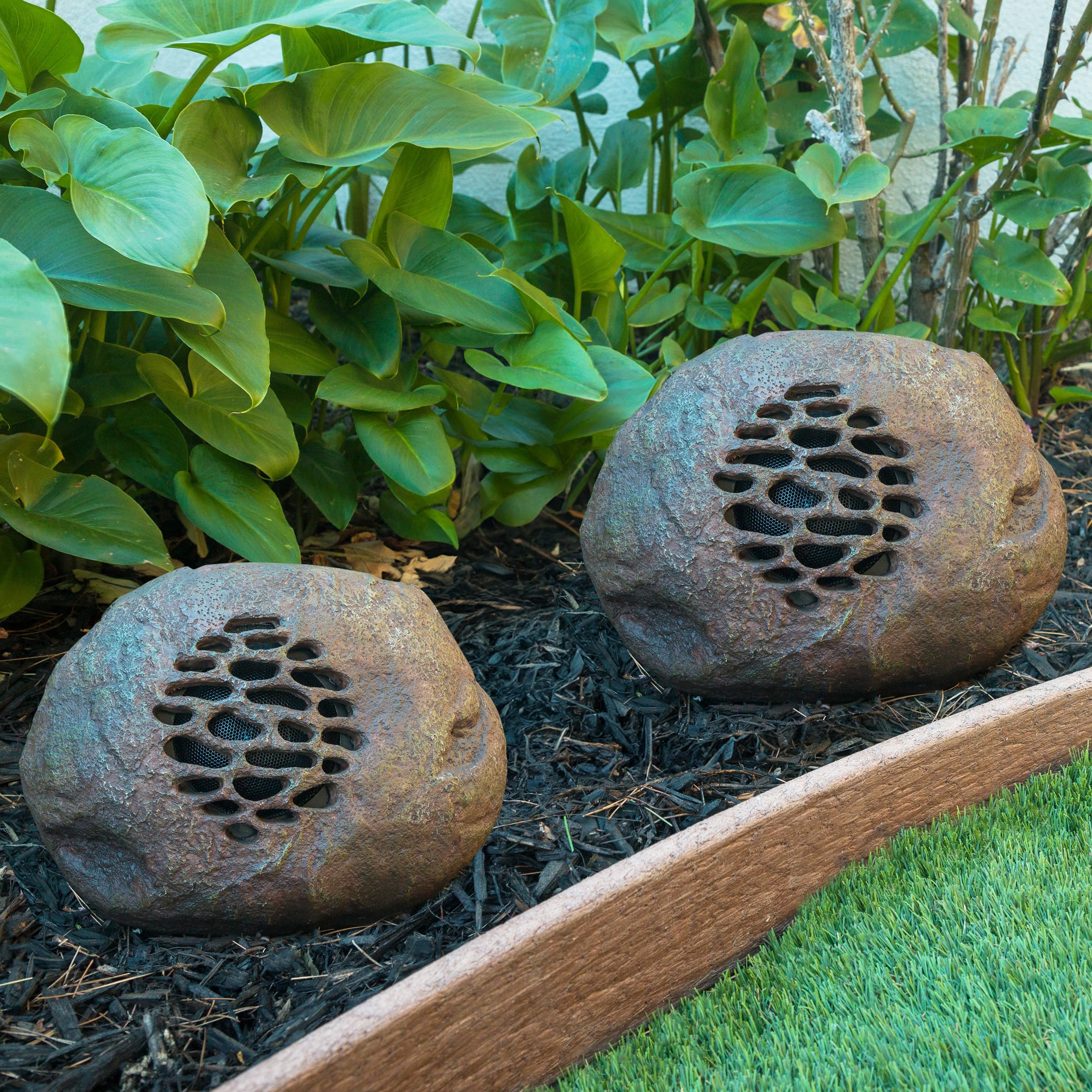 Solar Powered Outdoor Rock Speakers - Resin, 2-Piece Set  Warm Home View
