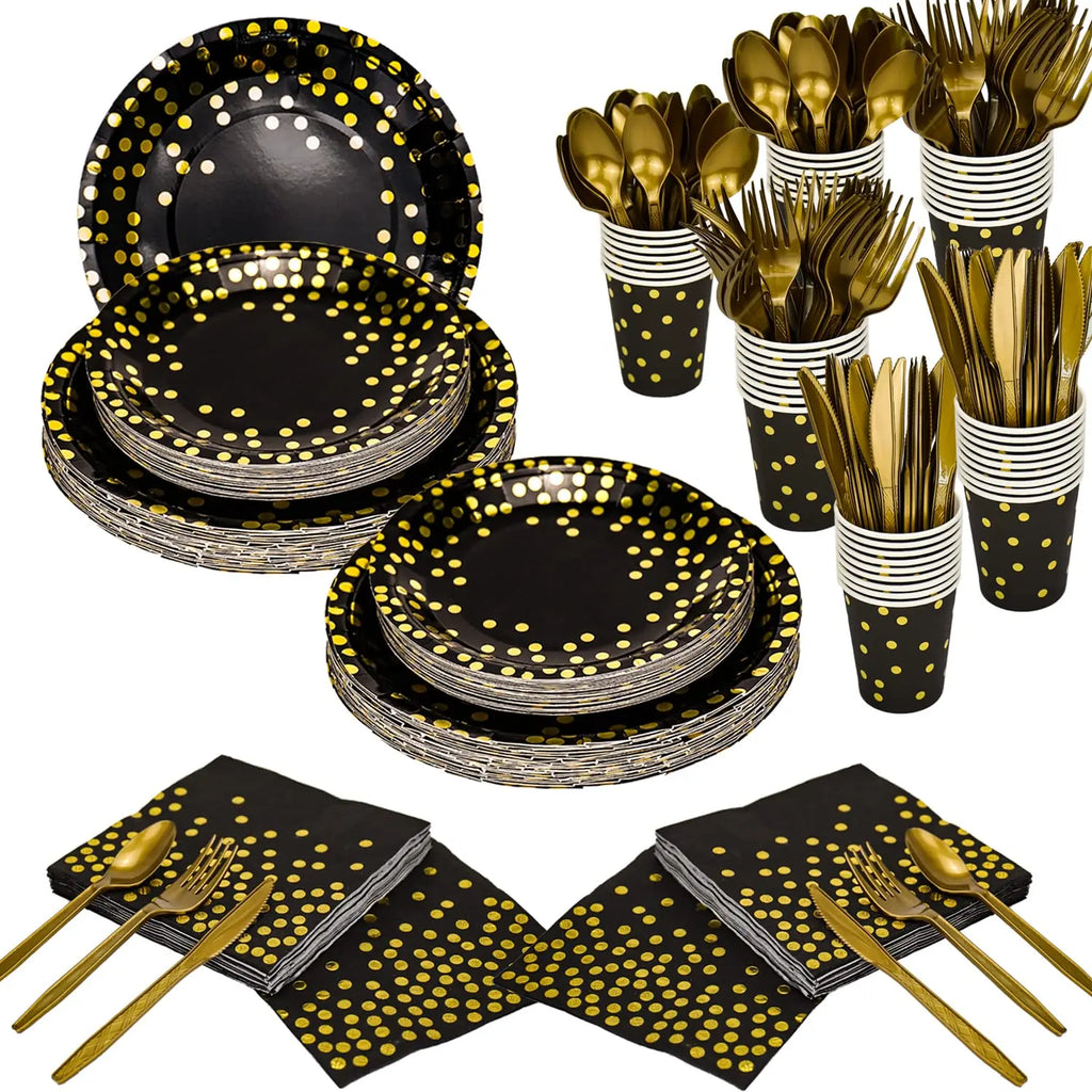 350 Pieces Gold Disposable Party Dinnerware Set &Golden Dot Disposable Party Dinnerware - Black Paper Plates Napkins Cups Gold Plastic Forks Knives Spoons  Warm Home View