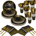 350 Pieces Gold Disposable Party Dinnerware Set &Golden Dot Disposable Party Dinnerware - Black Paper Plates Napkins Cups Gold Plastic Forks Knives Spoons  Warm Home View