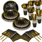350 Pieces Gold Disposable Party Dinnerware Set &Golden Dot Disposable Party Dinnerware - Black Paper Plates Napkins Cups Gold Plastic Forks Knives Spoons  Warm Home View