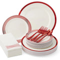 By Madee HEAVYWEIGHT Elegant Disposable Dinnerware Set | Disposable Party Dinnerware Set | Red Plates and Napkins Party Supplies | White and Red Plastic Plates Disposable (175 pcs for 25 Guests)  Warm Home View