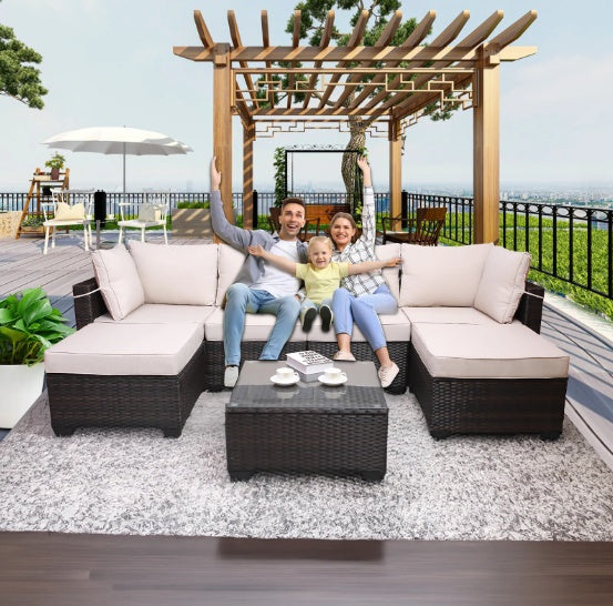 Outdoor Garden PE Rattan Sectional Sofa Set - 7-Piece, Beige  Warm Home View