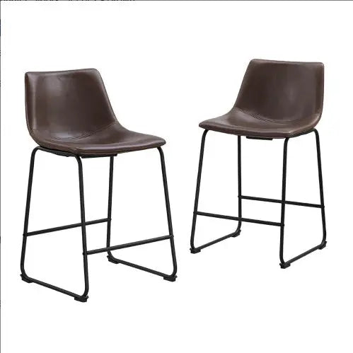 Set of 2 Industrial Brown Faux Leather Counter Stools with Powder-Coated Metal Base  Warm Home View