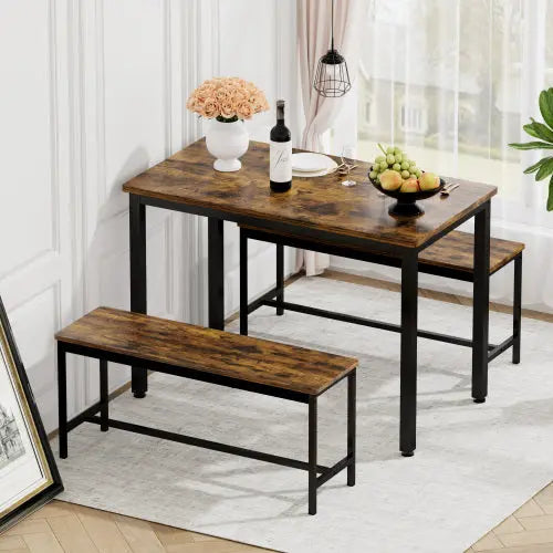 Rustic Brown Bench Dining Table Set Wood/Steel 3-Piece  Warm Home View