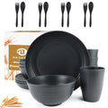 BUSOKIP 20 Pieces Wheat Straw Dinnerware Sets Unbreakable Plates and Bowls Sets Alternatives Reusable Plastic Dinnerware Sets Outdoor Camping Dishes Microwave Safe Dishes Set for 4 (Black)  Warm Home View