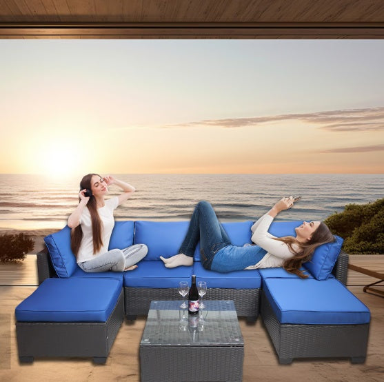 Outdoor Garden PE Rattan Sectional Sofa Set - 7-Piece, Beige  Warm Home View