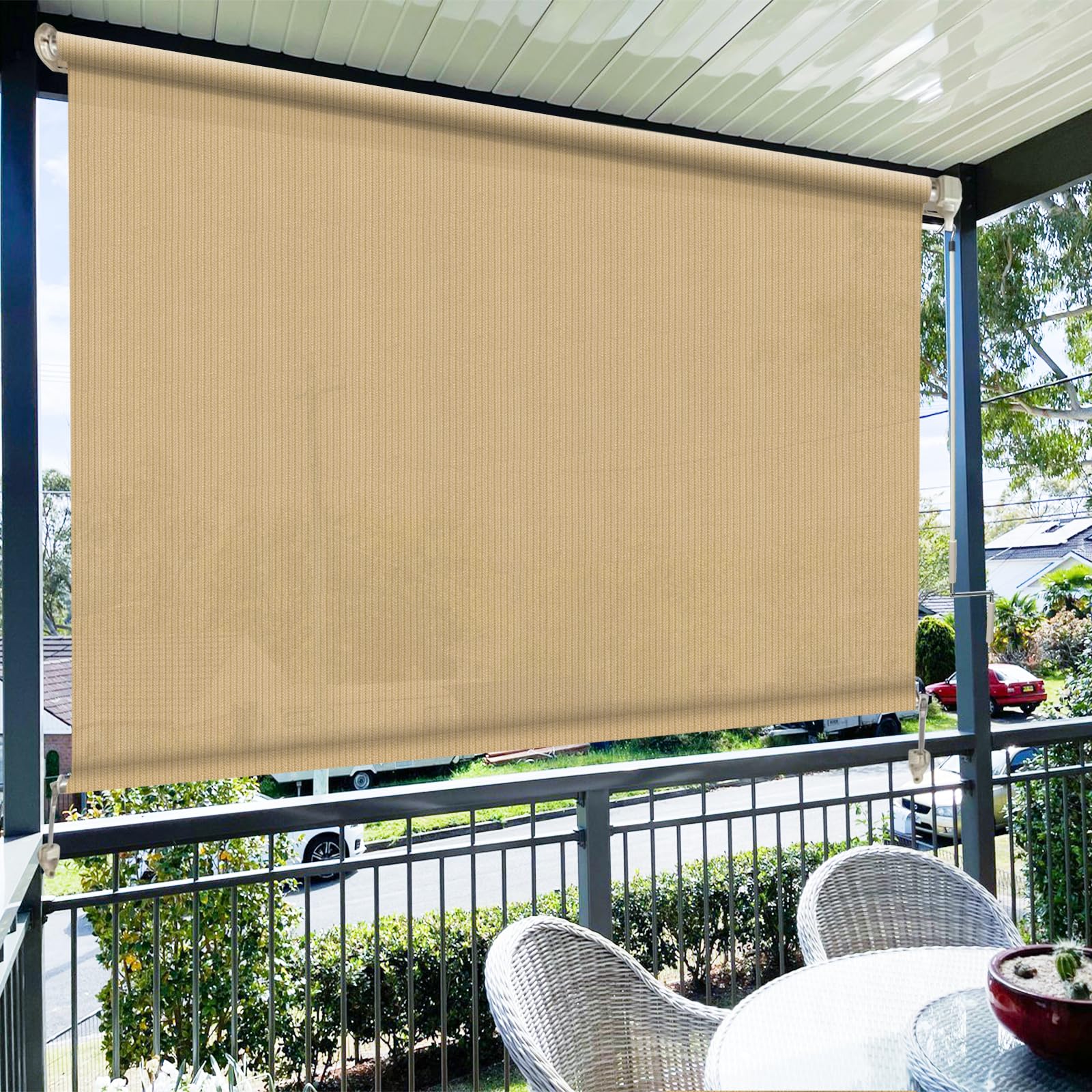 Exterior Cordless Patio Roller Shades - HDPE, 3-Piece Kit  Warm Home View