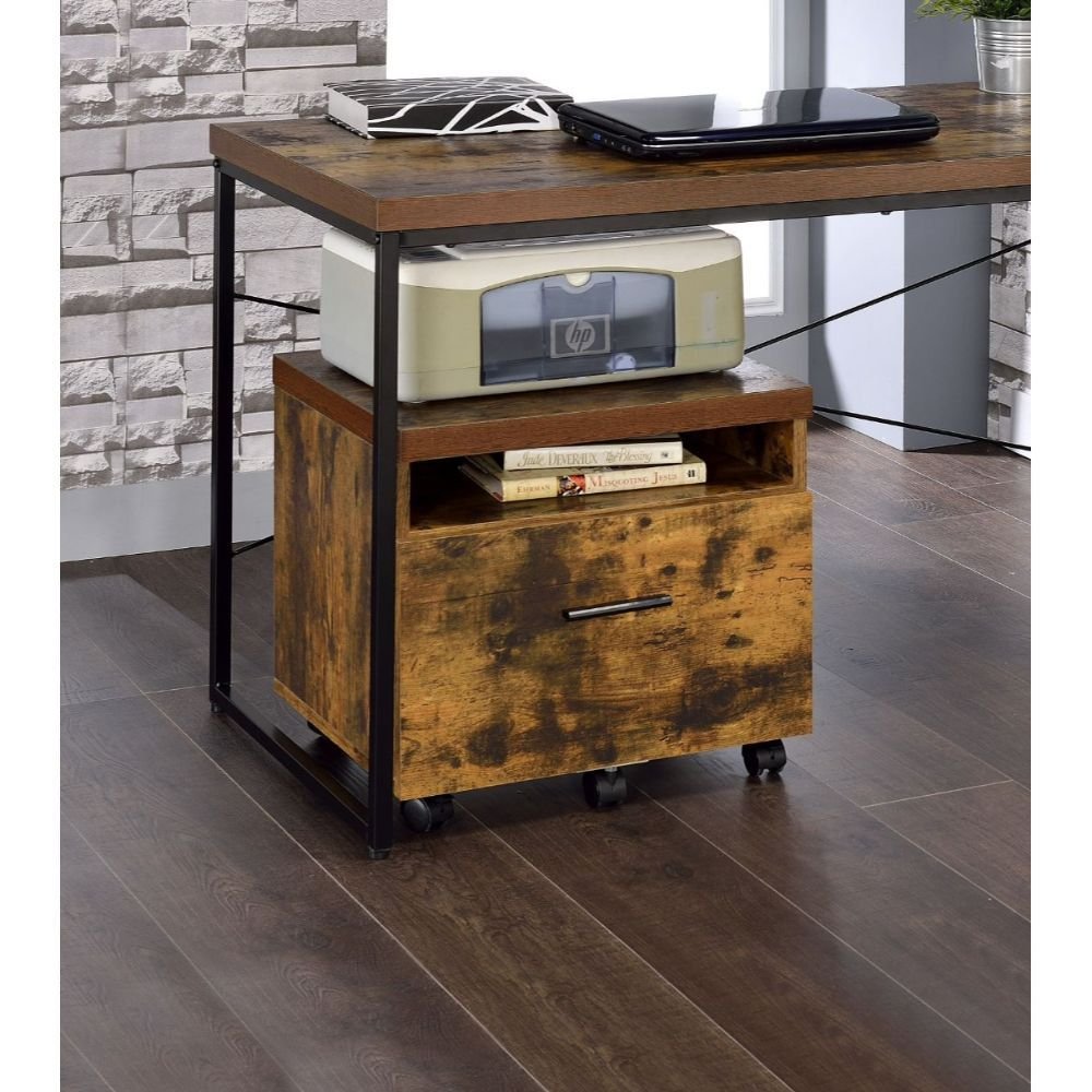 19" Brown And Black Rustic Wood Single Drawer Rolling Filing Cabinet  Warm Home View