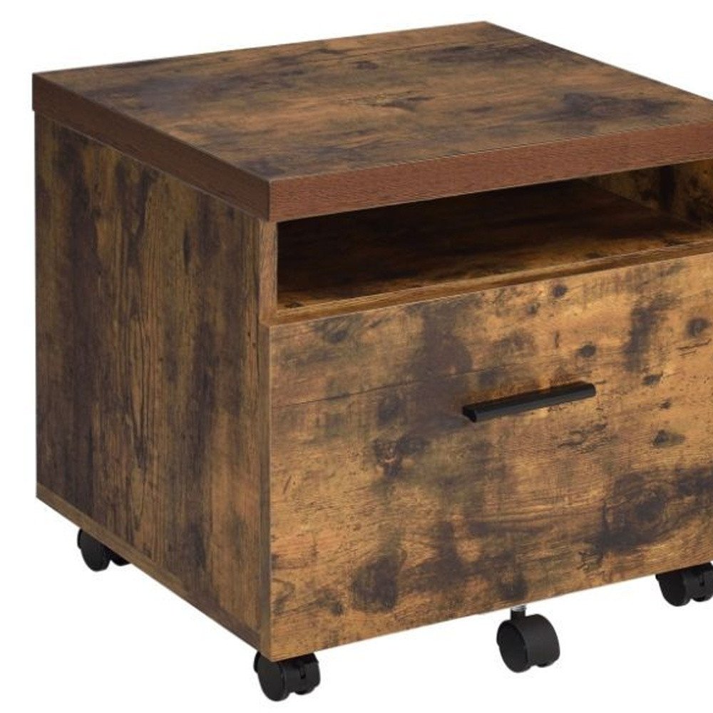 19" Brown And Black Rustic Wood Single Drawer Rolling Filing Cabinet  Warm Home View