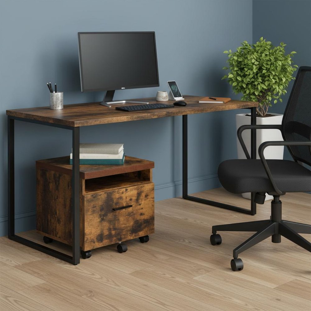 19" Brown And Black Rustic Wood Single Drawer Rolling Filing Cabinet  Warm Home View