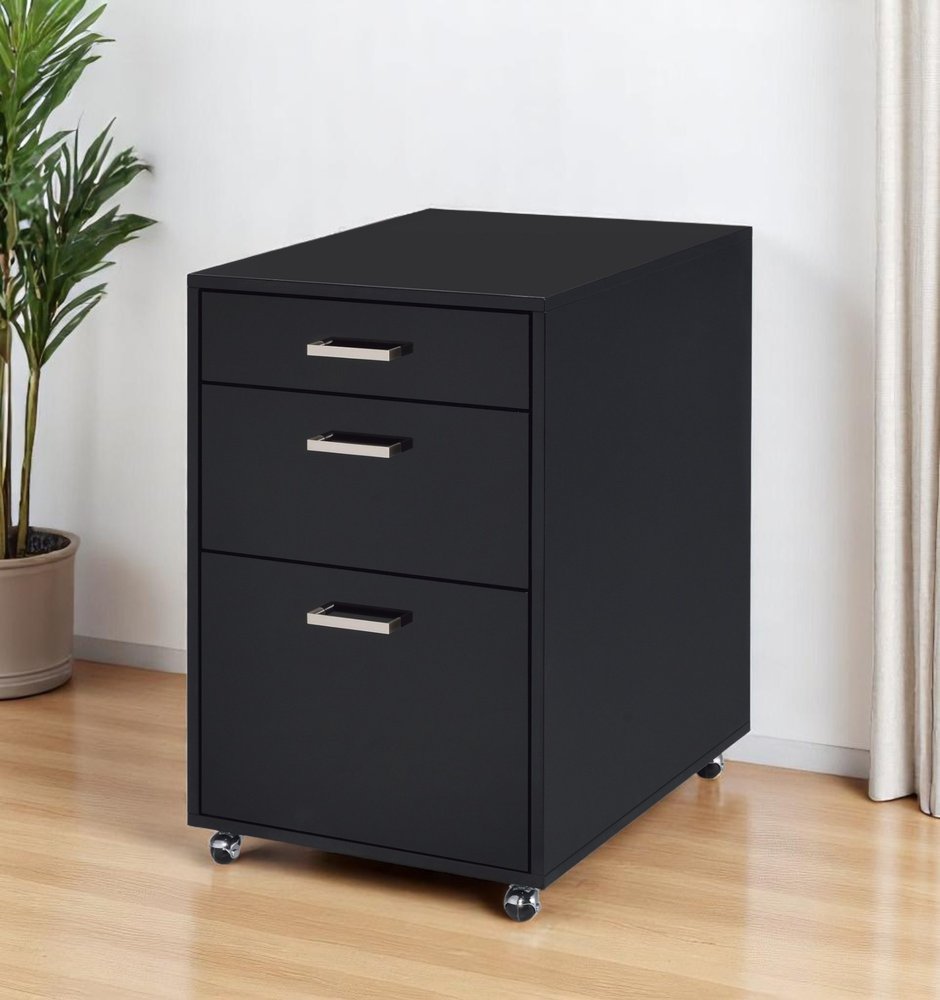 28" Black Wood And Metal Three Drawers Filing Cabinet  Warm Home View